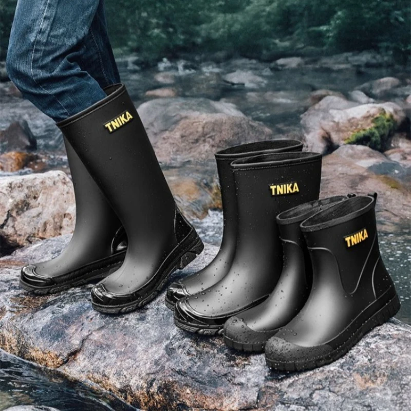 Mens Cinch Top Multi-Height Reinforced Outdoor Rain Boots 20/28/38cm Mid-High Anti-Slip Fishing Wading Labor Protection Shoes