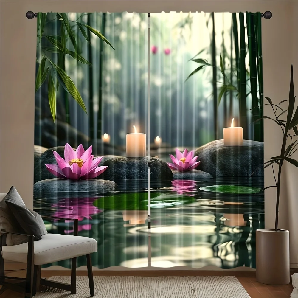 Elegant Polyester Window Curtains Zen Lotus Flower Bamboo Pond Scene Tropical Nature Aesthetic Blinds for Living Room Bedroom Ho