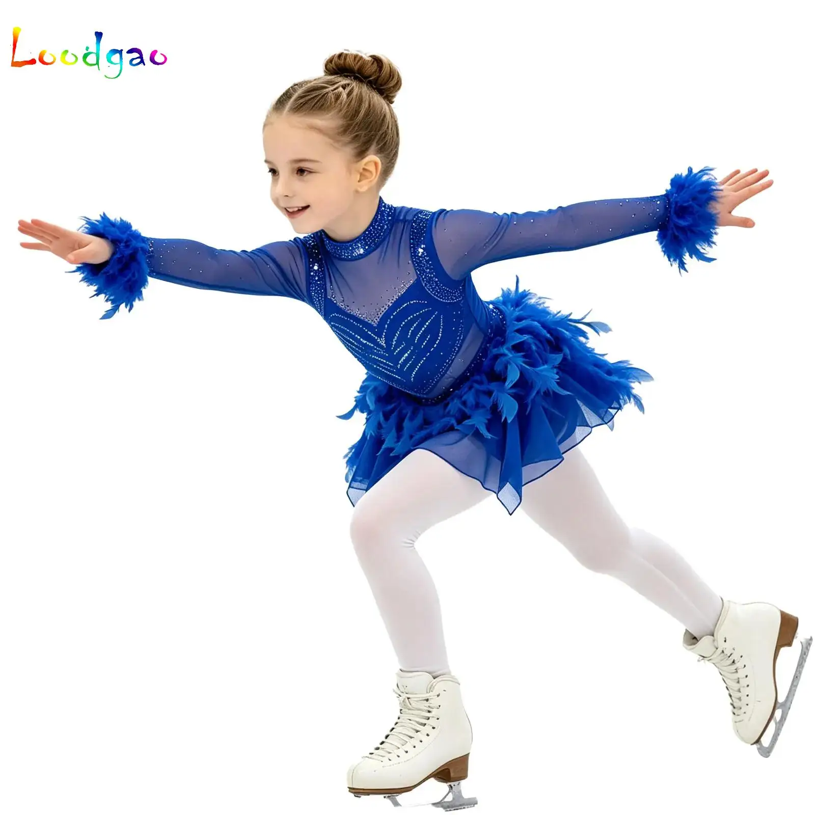 Vestido de Patinaje Artístico para Niñas con Pedrería Brillante, Manga Larga, Abertura en el Espalda, Plumas y Volantes, para Danza y Competición