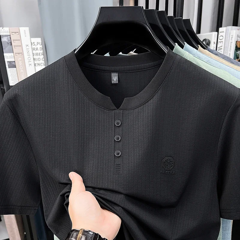 Men's Fashion Henley Neck T Shirt With Small Logo Soft Elastic Fabric For Casual And Business Use image 6