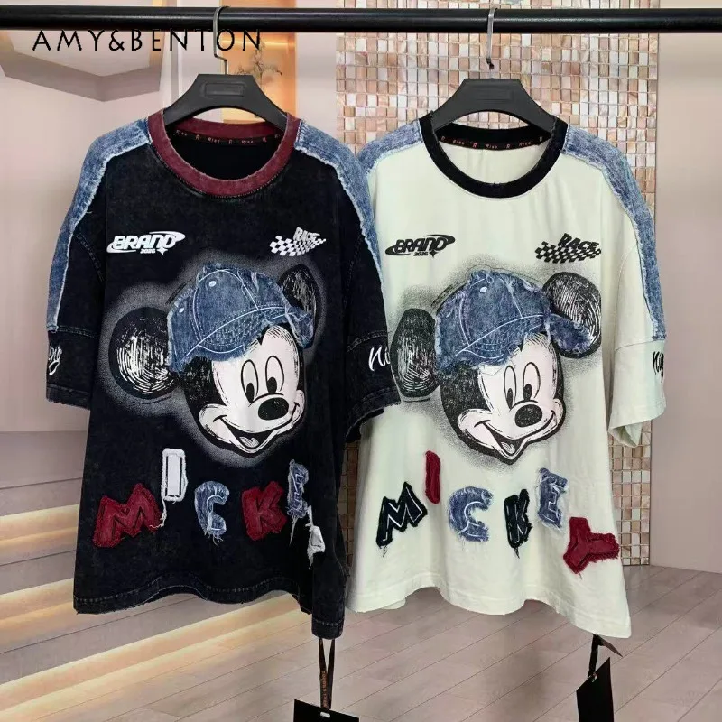 

2026 Spring Summer New Arrivals Premium Applique Denim Tees Cartoon Oversized Short-sleeved T-shirt Top For Women's Y2k Clothes