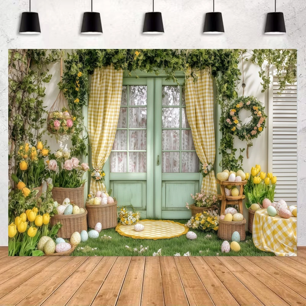 Vintage Easter Background Decor Yellow Curtains Wooden Bookshelf Eggs Kids Family Portrait Spring  Photography Backdrop Props