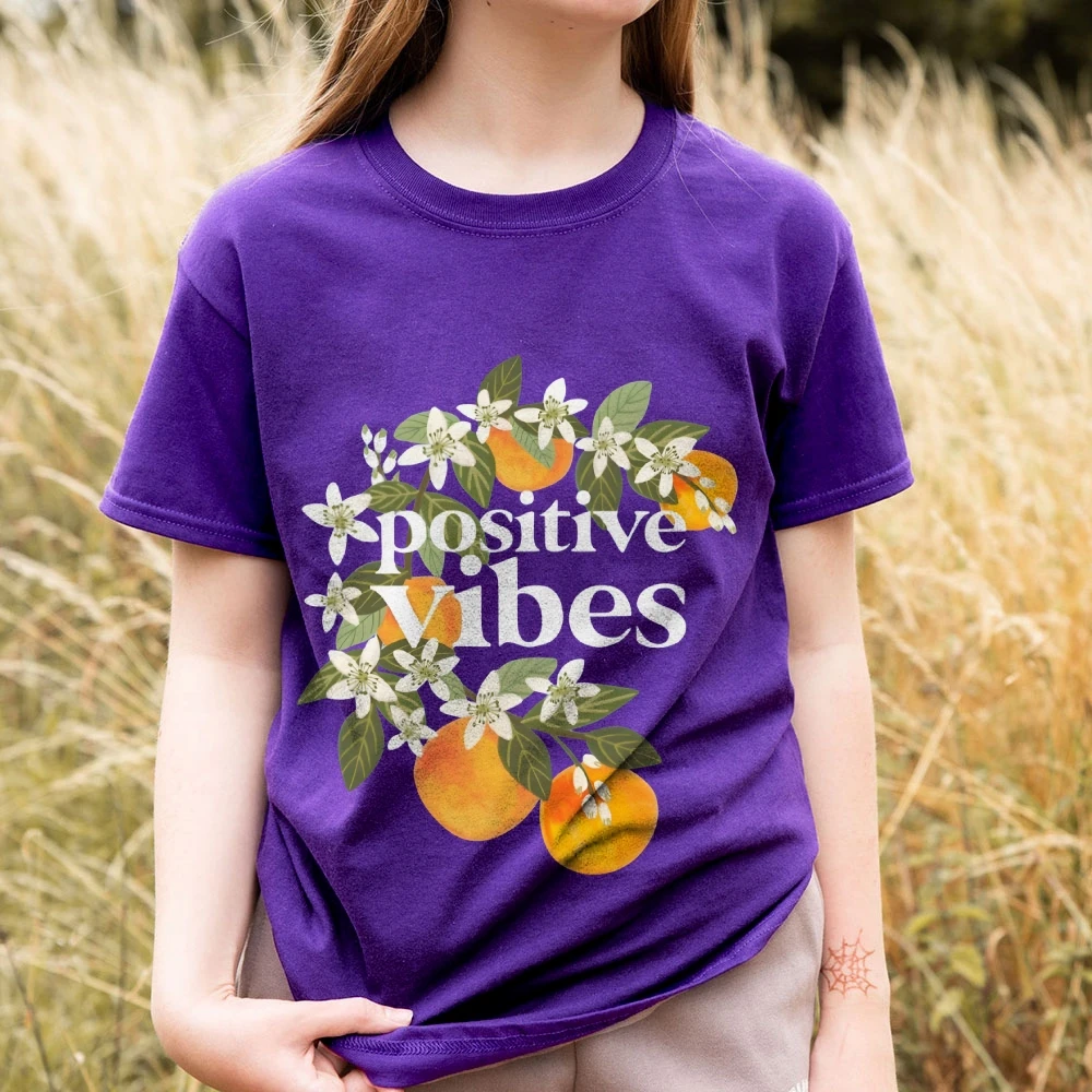 

Encouraging Slogan with Orange and Floral Print, Cheerful & Fresh Y2k Graphic Tee, Soft Fabric for Optimistic Casual Looks