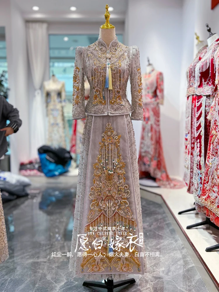 

Светлый цвет, сетчатое платье Xiuhe, свадебная одежда, новинка 2025, женский наряд для тостов в китайском стиле