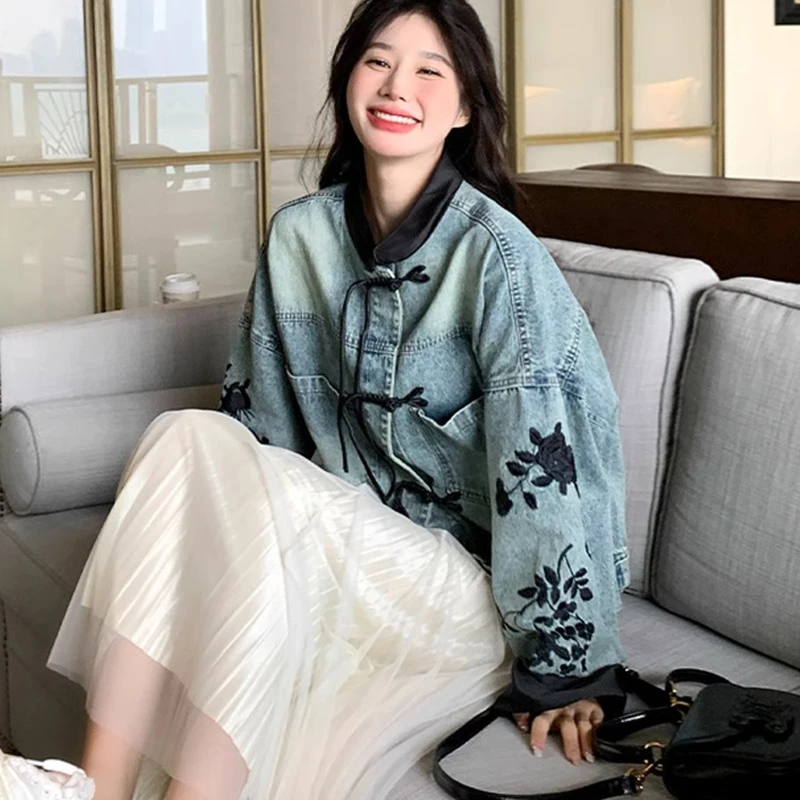 Nouveau Style chinois mode femmes Denim manteau automne épissage impression Denim vestes