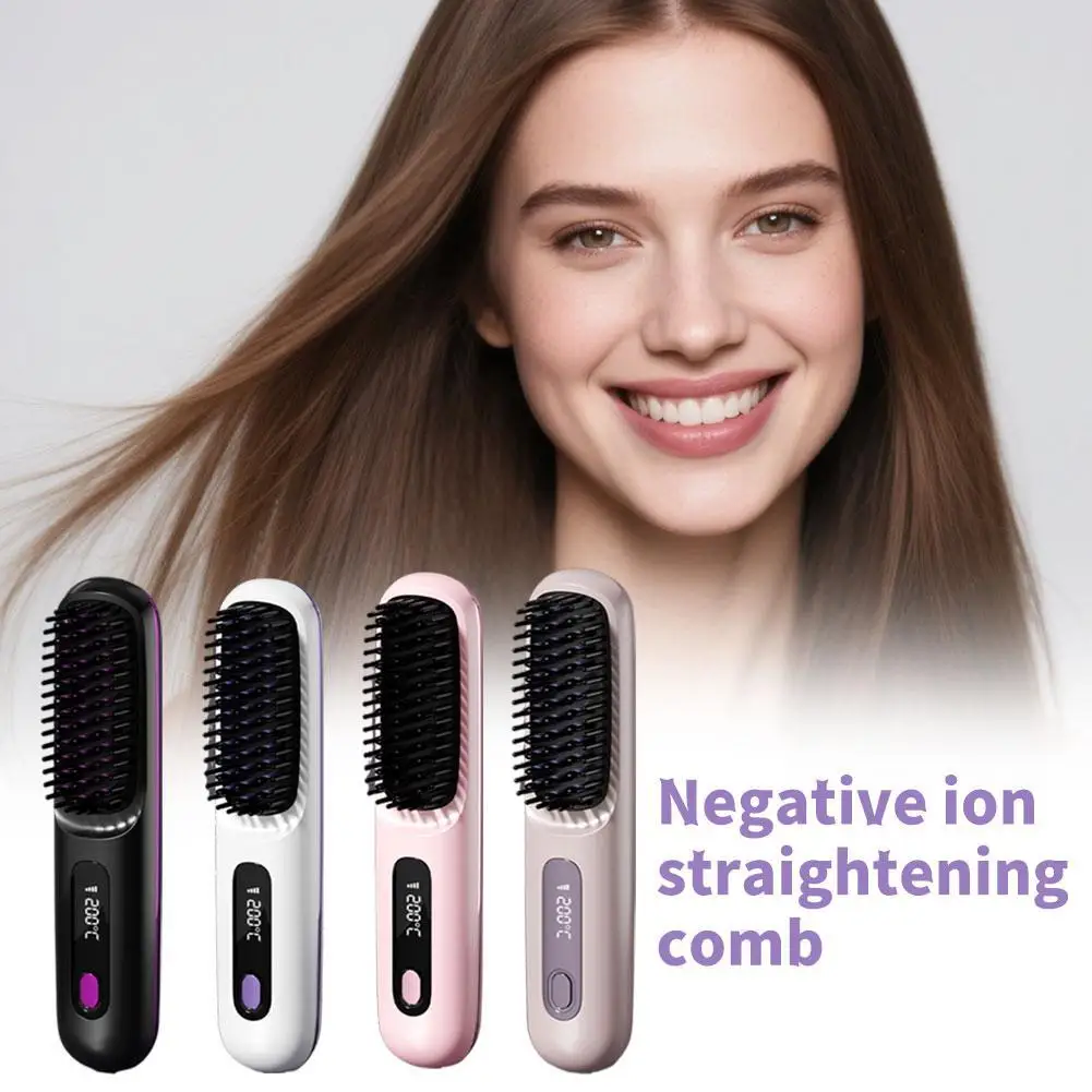 

Hair Straightener Brush with LCD Display Cordless Negative Ions Hot Brush Electric Fluffy Curly Hair Styling Detangling Comb