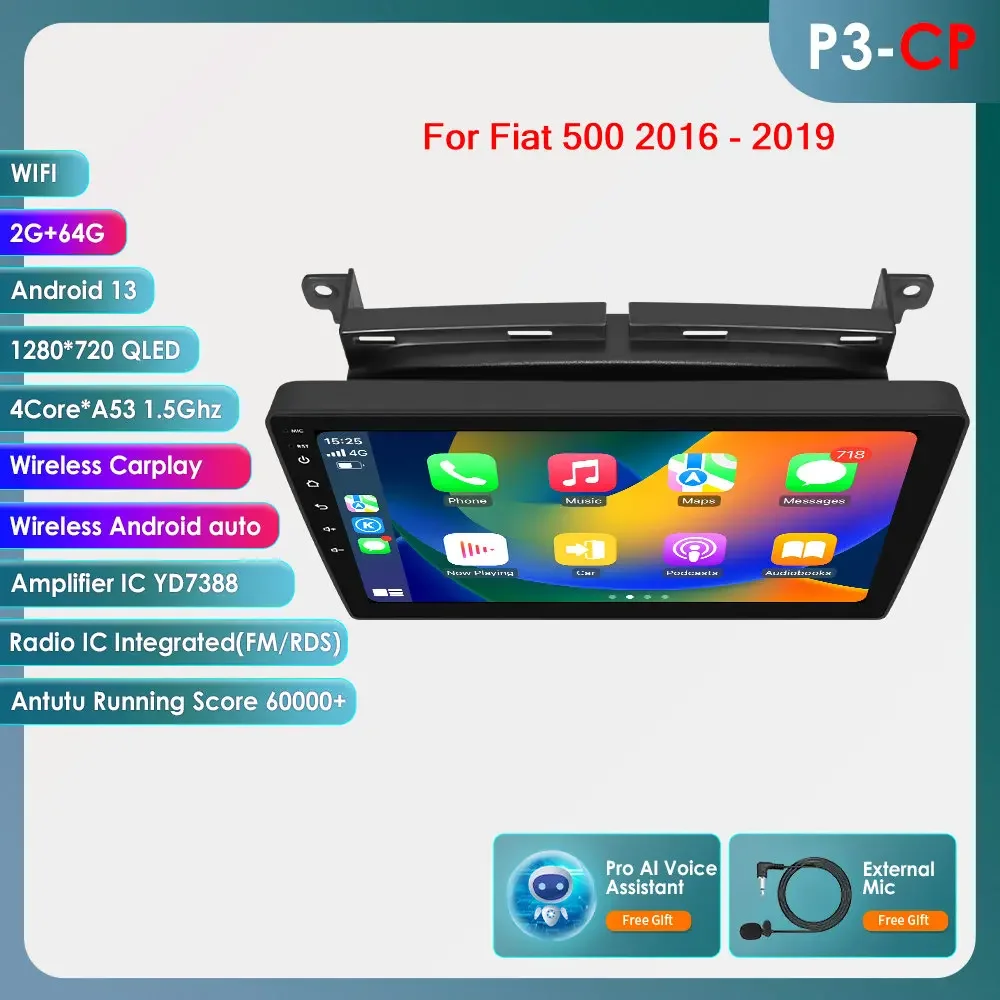 Hizpo 9 ''Draadloze Carplay Android Auto Auto Multimedia Speler Voor Fiat 500 2016 2017 2018 2019 Carplay 4G Autoradio 360 ° Camera