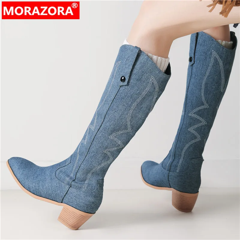 

MORAZORA 2024 New Embroider Ladies Knee High Boots Square High Heels Western Boots Denim Slip On Pointed Toe Winter Boots