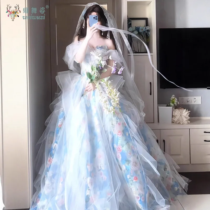 Azul gracioso inchado vestido de festa à noite flor renda aniversário rave outfit adulto cerimônia palco perfermance bonito fantasia traje