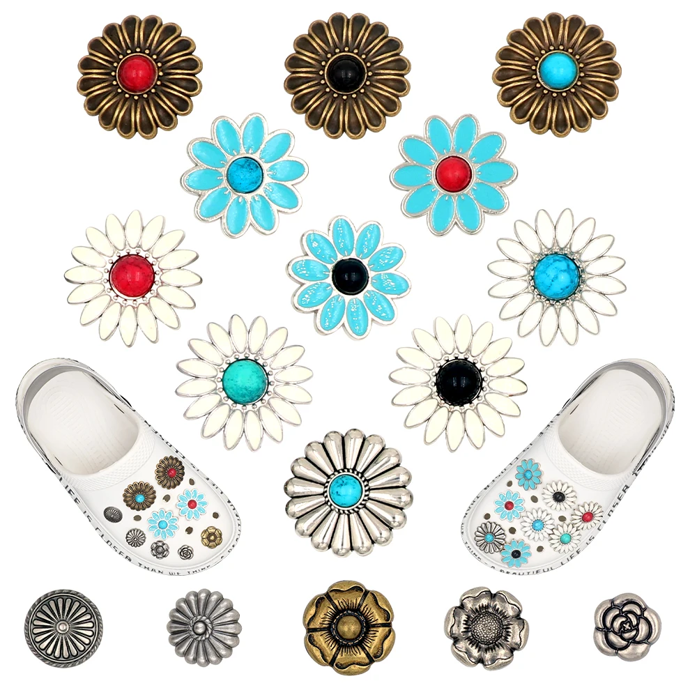 16Pcs Metal Flower Shoes Charms Detachable Shoes Accessories Pines Simulated Turquoise Kawaii Vintage Clogs Hole Sandals Adornos