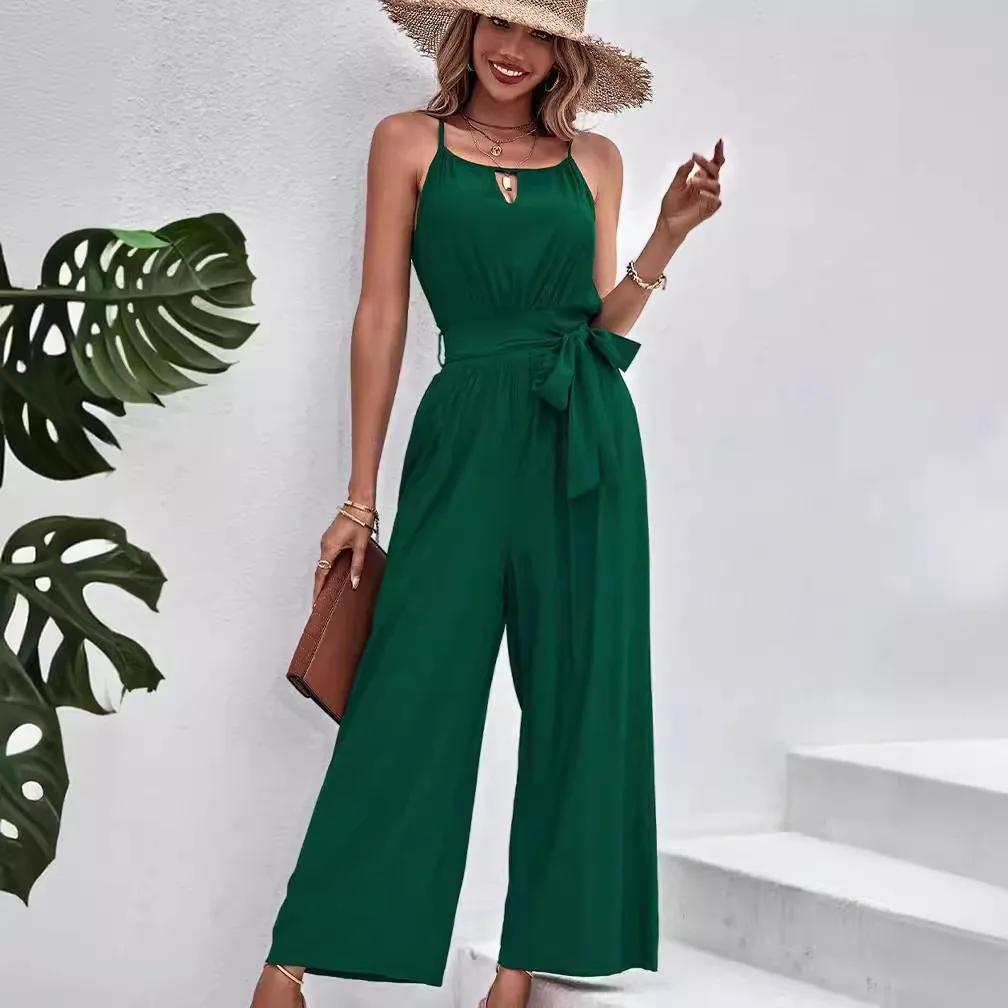 

Women's Lace Up Waist Cinched Jumpsuit Summer New Suspender Sleeveless Wide Leg Jumpsuit Комбинезон Женский Лето Monos Largos