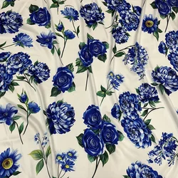 Twill Silk Fabric Blue Flowers Soft Drapey Women's Dress Spring Summer Clothing Sewing Material for Clothes Fabric By The Yard