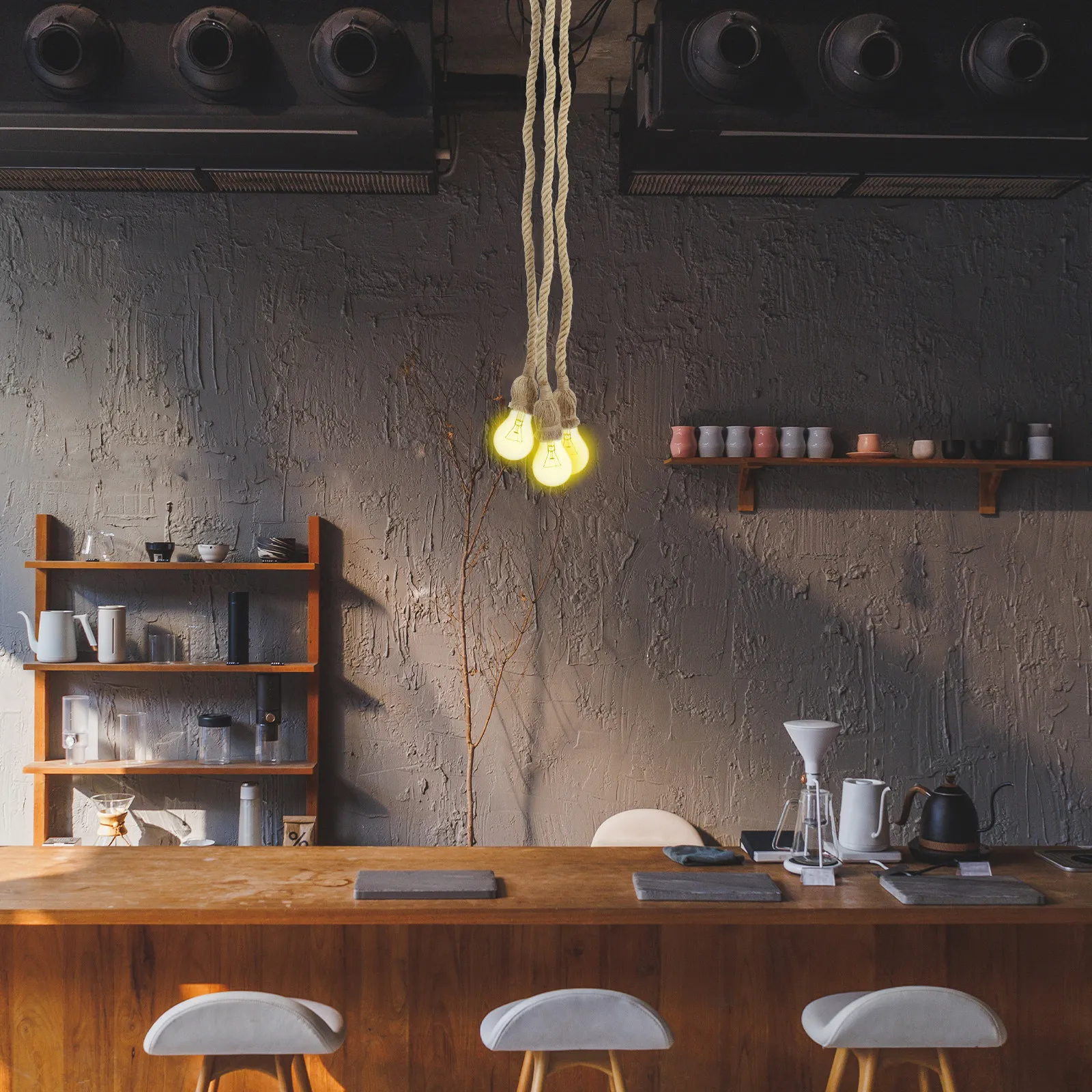 Triple Head Vintage Hemp Rope Pendant Light Cord E27 Lamp Holder Adjustable Height for Coffee Shop Bar Restaurant Hallway