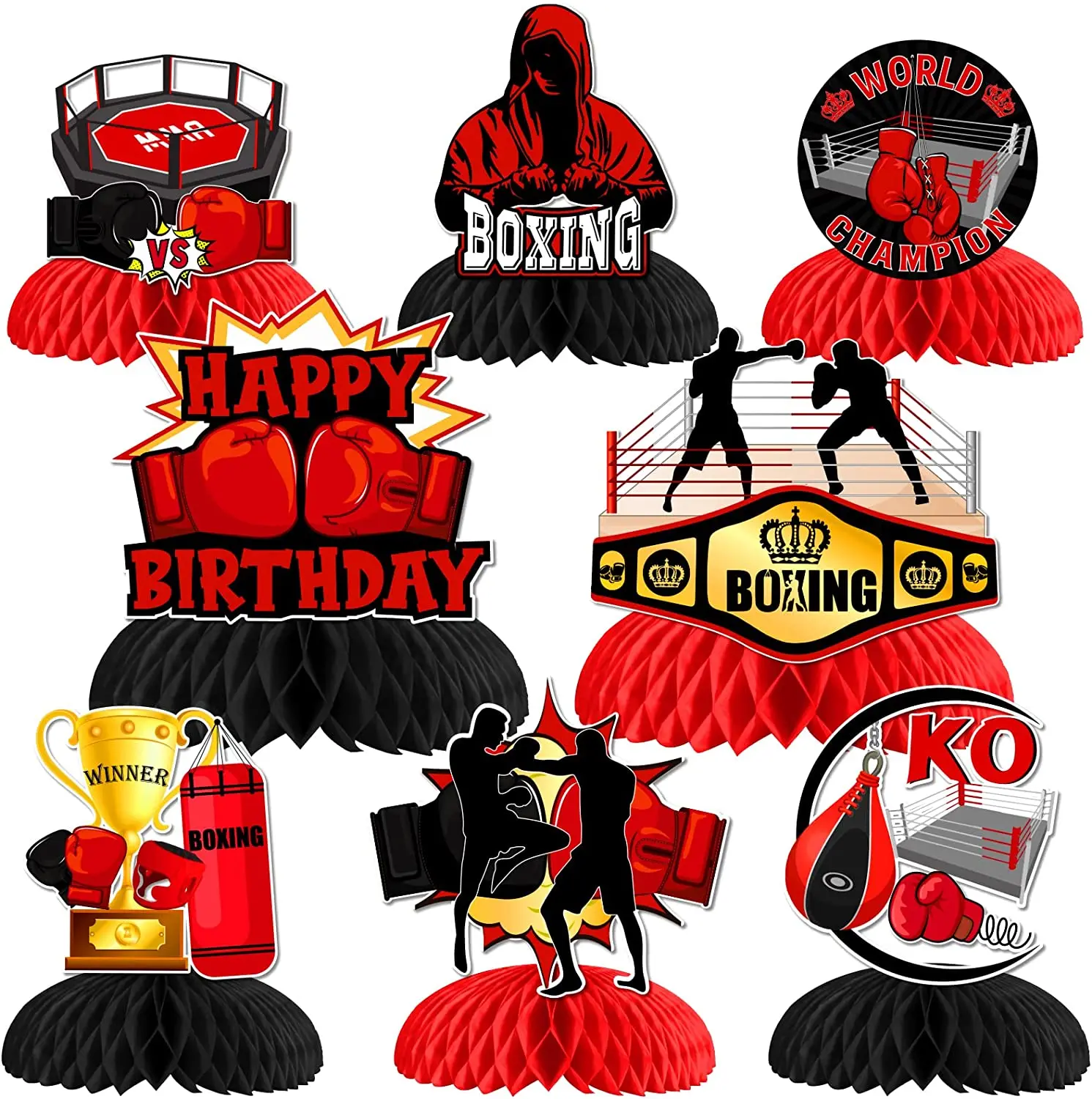 8 Pieces Boxing Birthday Honeycomb Centerpieces Boxing Match Birthday Party Decorations Boxer Gloves Boxing Platform Table Decor