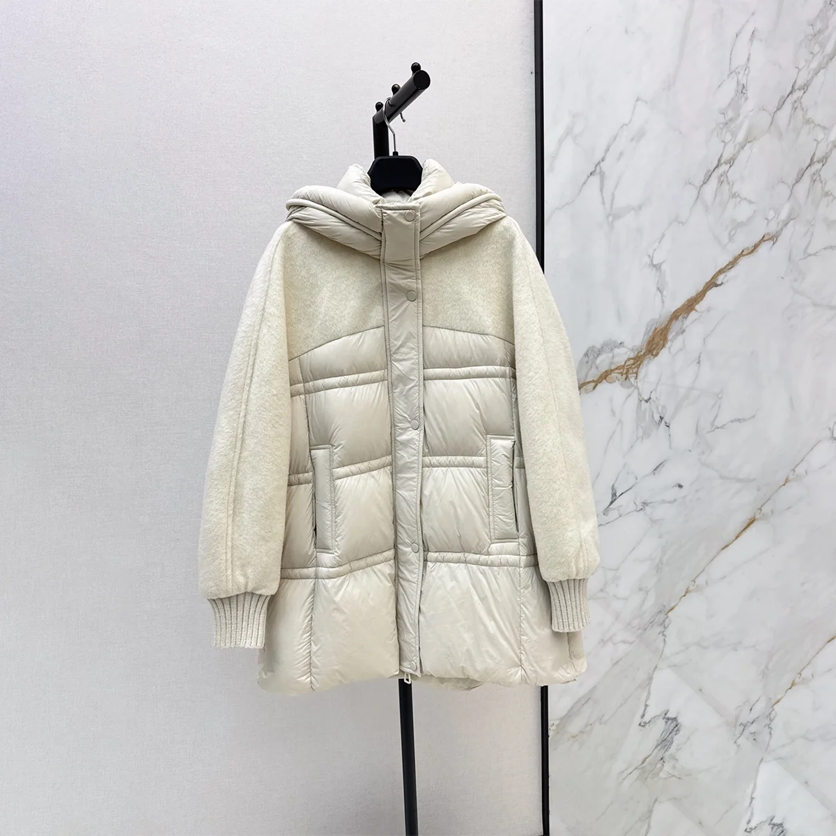 2026 Women Hooded Down Jacket, Woolen Spliced Mid-Length Loose Puffer Coat261021185