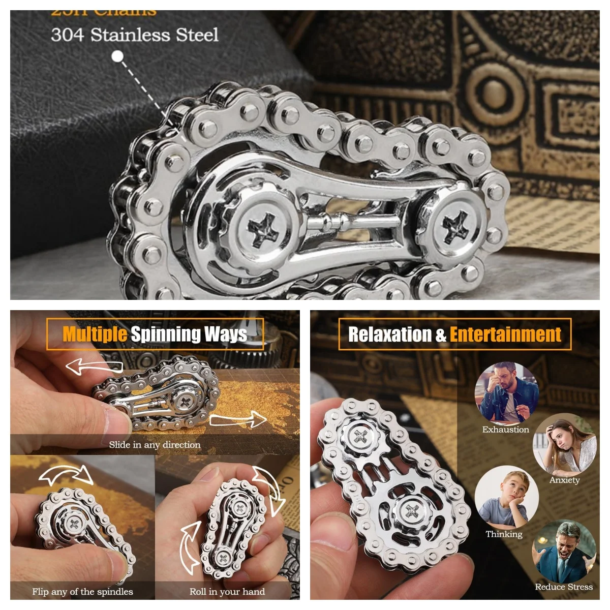 Brinquedos de corrente de fidget de rolo de mão de rodas dentadas, girador de fidget de corrente de engrenagem dupla de metal-brinquedo de foco de alívio de estresse usinado de precisão