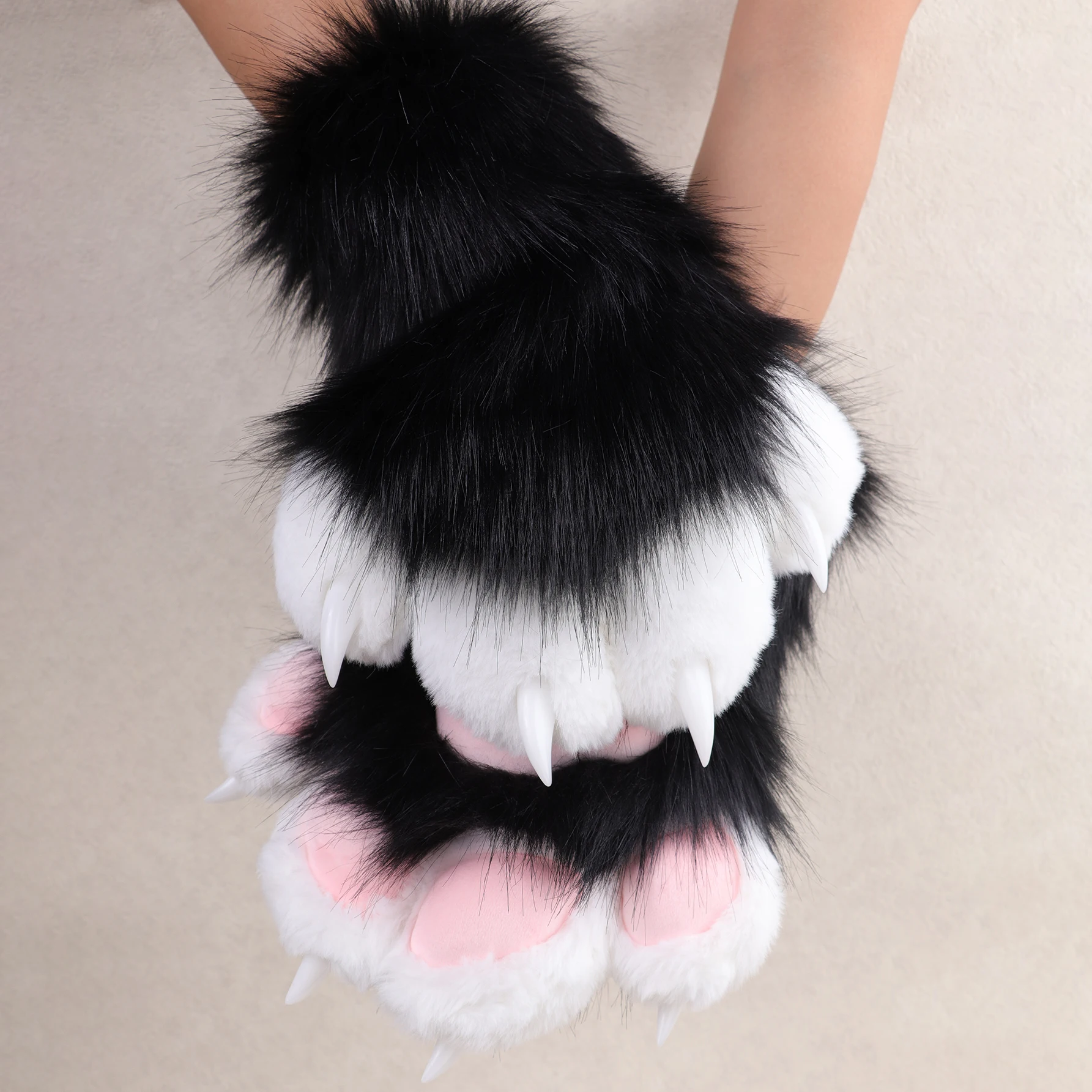 Faux Fur Cat Claw Gloves – Plush Animal Paws Mittens for Fursuit Therian Fox Wolf Cosplay Costume, Funny Full Finger Claws for Adults Halloween Party Accessories