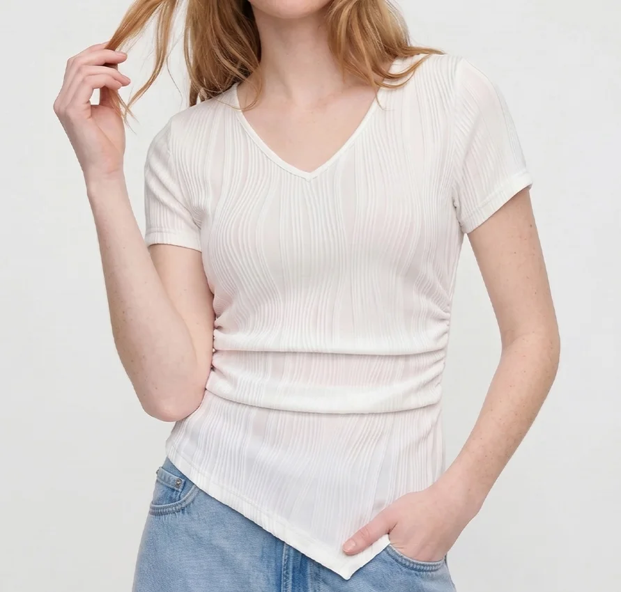 Women's T-Shirt 2026 Spring Summer New Solid Color Texture V-Neck Short Sleeve Slim Fit Irregular Hem Casual Daily T-Shirt Top