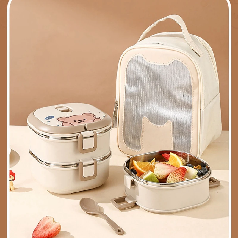 304 Stainless Steel Insulated Lunch Box With Spoon Stacked Bento Box Portable Cute Food Box Leak Proof Food Container Durable