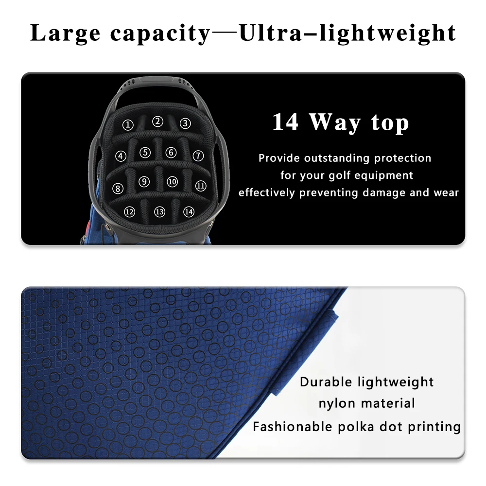 Leichte 14-Fach Golf-Tragetasche, Wasserabweisende Golfschläger-Tragetasche mit Stilvollem Polka-Dot-Muster, Gepolsterte Doppelt Verstellbare Schultergurte – Detail 1