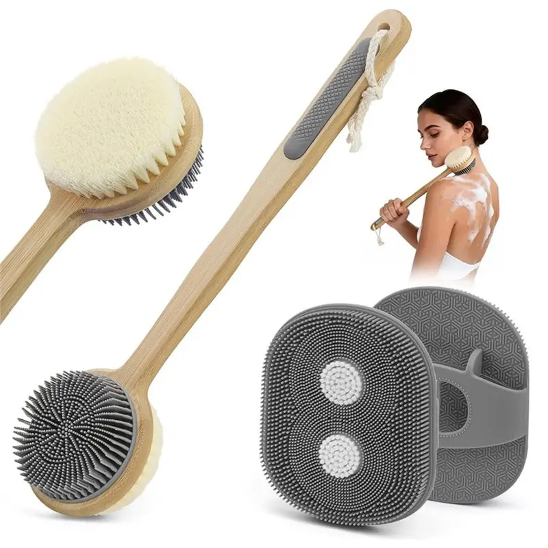 ABVG-Exfoliating Anti-Slip Back Scrubber For Shower+ Body Scrubber-Dual Sided Silicone& Nylon Bristles Lather Well