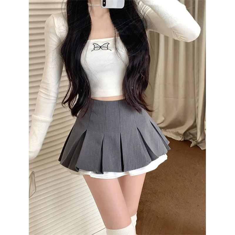 MEXZT Y2K Black Mini Skirt Women Kawaii High Waist Ruffles Pleated Skirts Summer Harajuku Korean Fashion Grey Tennis Faldas New