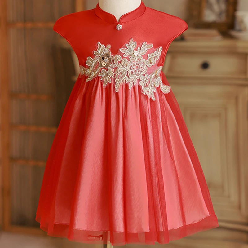 Summer Baby Clothes Girl Fashion Embroidery China Style Sleeveless Mesh Red Princess Birthday Toddler Dress Kids Dresses BC548