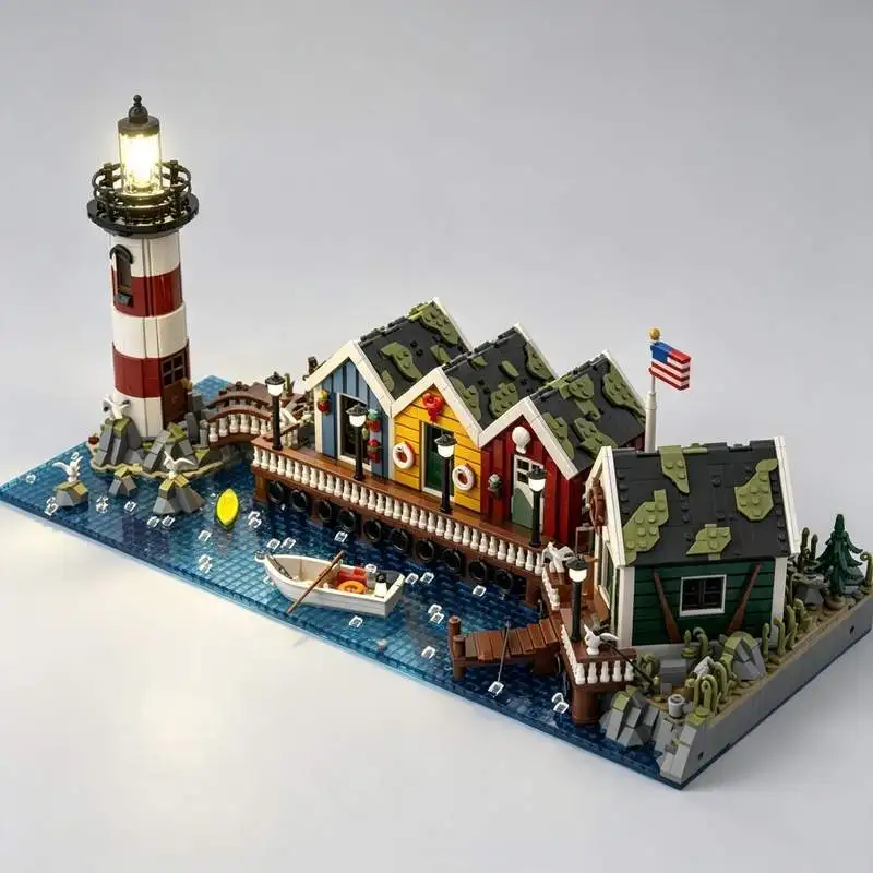 4955PCS Coast Town Diorama Harbour Lighthouse Fishing Village Building Blocks Model Nautical Architecture DIY Assembly Toy Gift