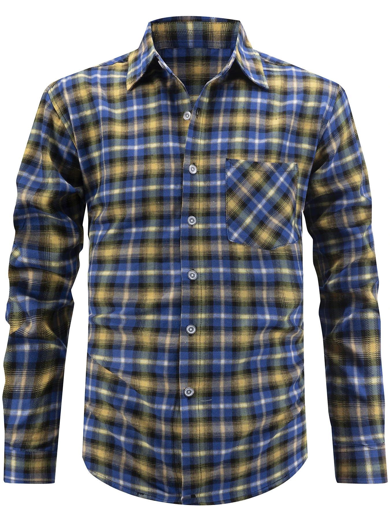 Men Vintage Blue Yellow Plaid Long Sleeve Cotton Shirt, Relaxed Fit Basic Check Blouse With Diagonal Chest Pocket, Wear Inside O