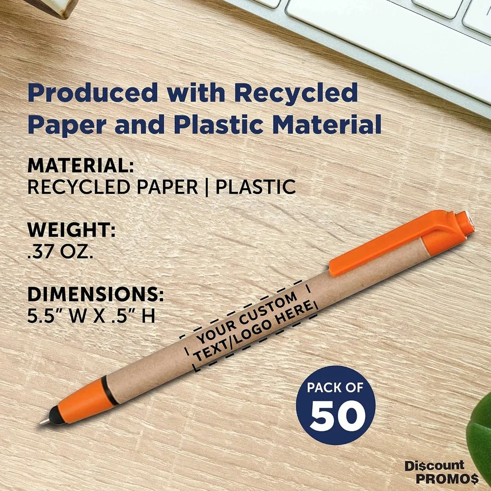 مجموعة أقلام حبر جاف مكونة من 50 قطعة قابلة للتخصيص - معاد تدويرها، قابلة للسحب، برتقالية مع خيار الشعار