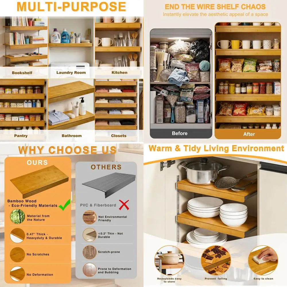 

Bamboo Wire Rack Covers, 0.47in Thick, Snap-On Removable, for Pantry, Bathroom, Kitchen, Closet (30 W x 16 D)