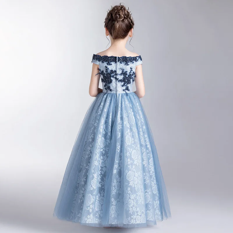 Child Girls Long Luxury Party Gowns 2023 Formal Kids Elegant Prom Evening Dresses 4 To 6 12 Years Child Cute Blue Princess Dress