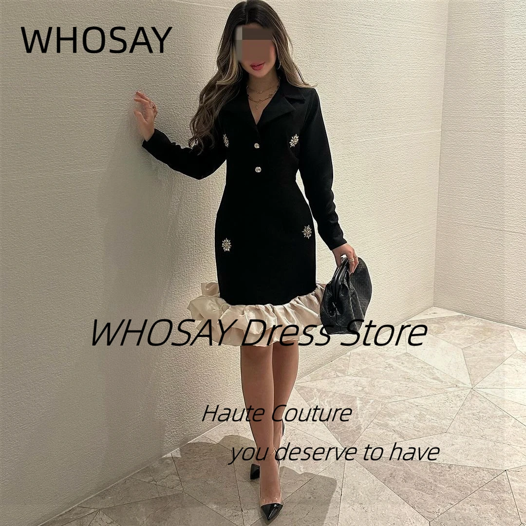 

WHOSAY Office Ladies Wear Short Black Dresses 2024 Lapel V Neck Buttons Bead Prom Dress Knee Length Cocktail Party Evening Gowns