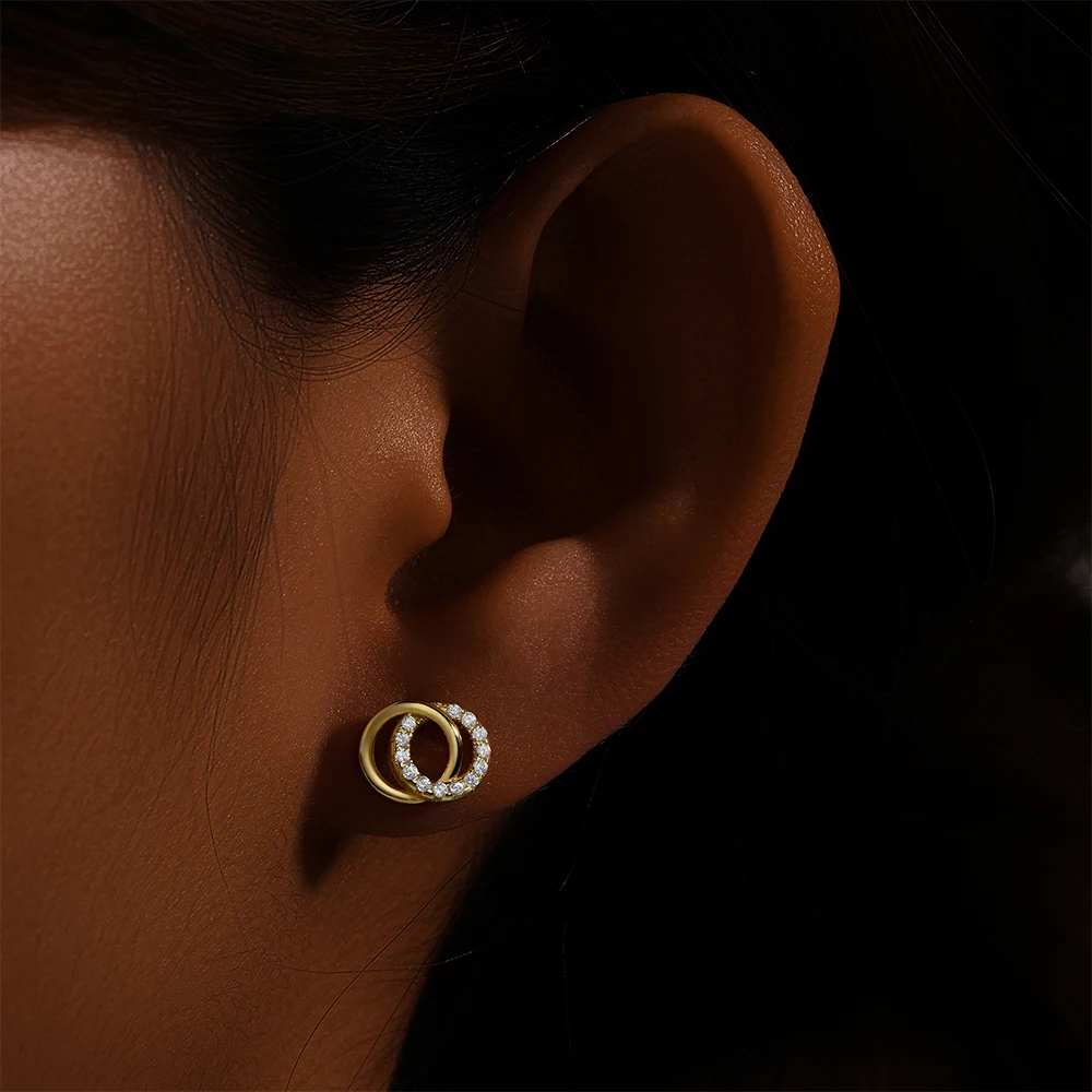 Aide 925 Sterling Silver Double Loop Interlocking Zircon Piercing Stud Earring For Women 18K Gold Designer Jewelry High Quality