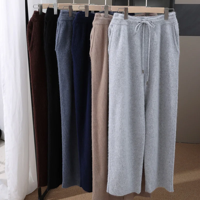 

Осенне-зимние длинные брюки, широкие брюки из 100% норкового кашемира, мужские спортивные трикотажные брюки с карманами, утепленные прямые брюки