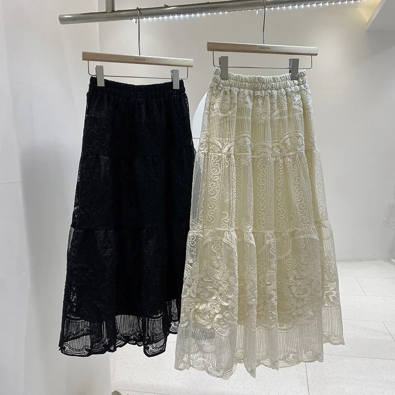 

Elegant High Waist A-Line Skirt Lace Splicing Midi Skirt Women's Spring 2024 New Style Slimming Hook Embroidery Half-length S...