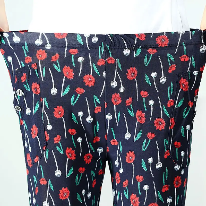 Calça casual floral estampada feminina, capris solta para mamãe, elástico grande na cintura, reto, de meia idade e idoso, verão, 2024