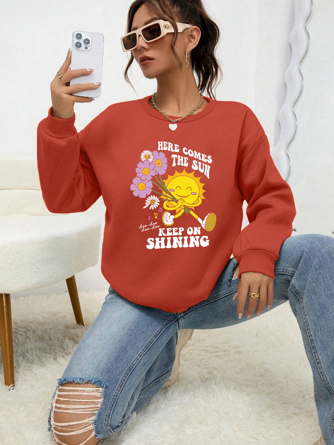 Sunflower Happy Face Art Slogan Printed Female Hoody Street Fleece Sweatshirt Hipster Hip Hop Hoodies Autumn Casual Clothing