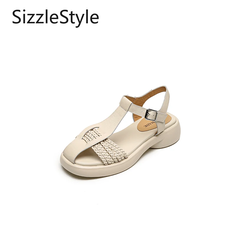 

Women Handmade Woven Leather Round Toe Platform Sandals 4cm T-Bar Buckle Backless Foam Sole Beige Caramel Black