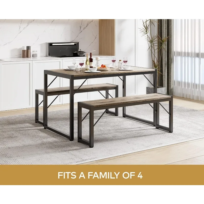 Set tavolo da pranzo da 45,5" per 4 con 2 panche, set tavolo da cucina con struttura in metallo e pannello in MDF, dinette salvaspazio per kit