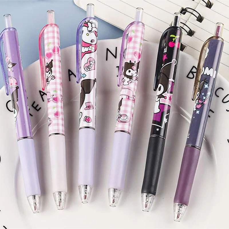 6 Stuks Kawaii Sanrio Gel Pen Schattig Hello Kitty Mijn Melodie Kuromi Cartoon St Sneldrogend Zwart 0.5Mm Druk Op De Balpen