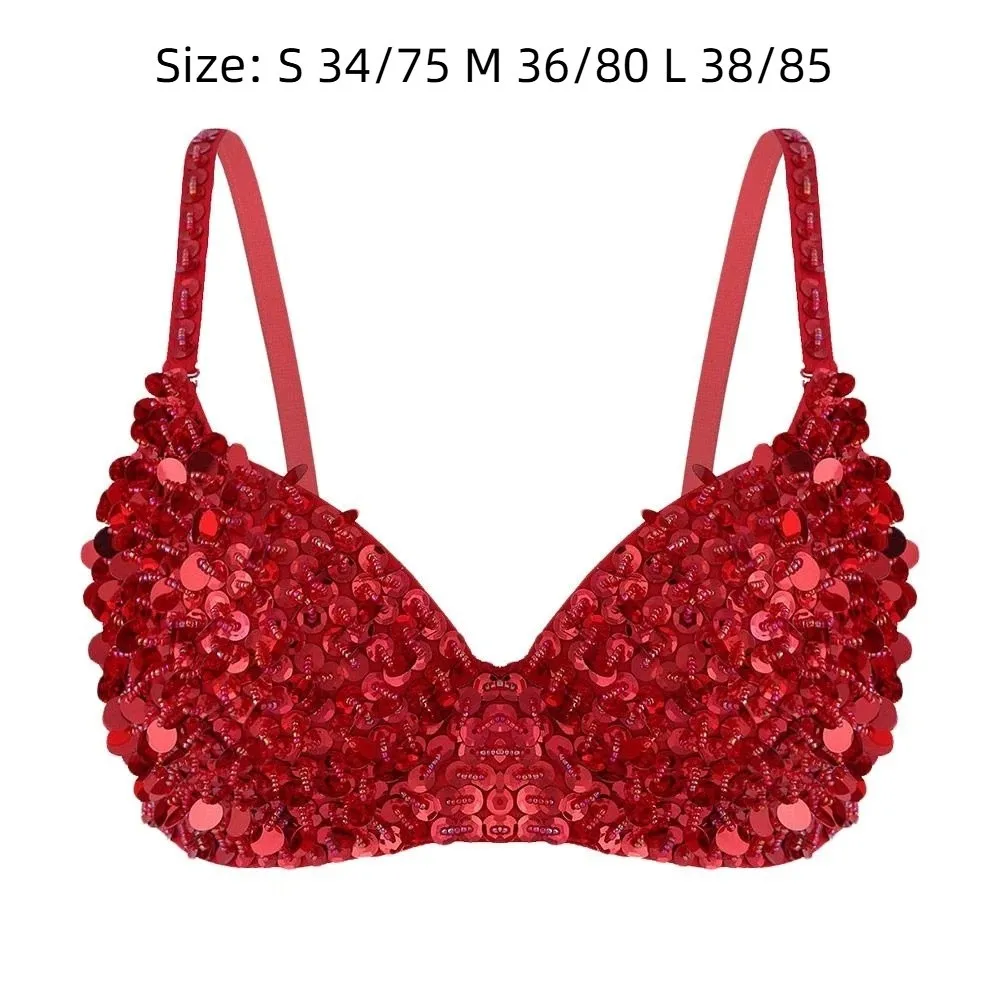 Charming Sequins Beading Belly Dance Bustier Bra Sparkle Padded Stage Performance Top Glittering Shiny Show Costumes Women