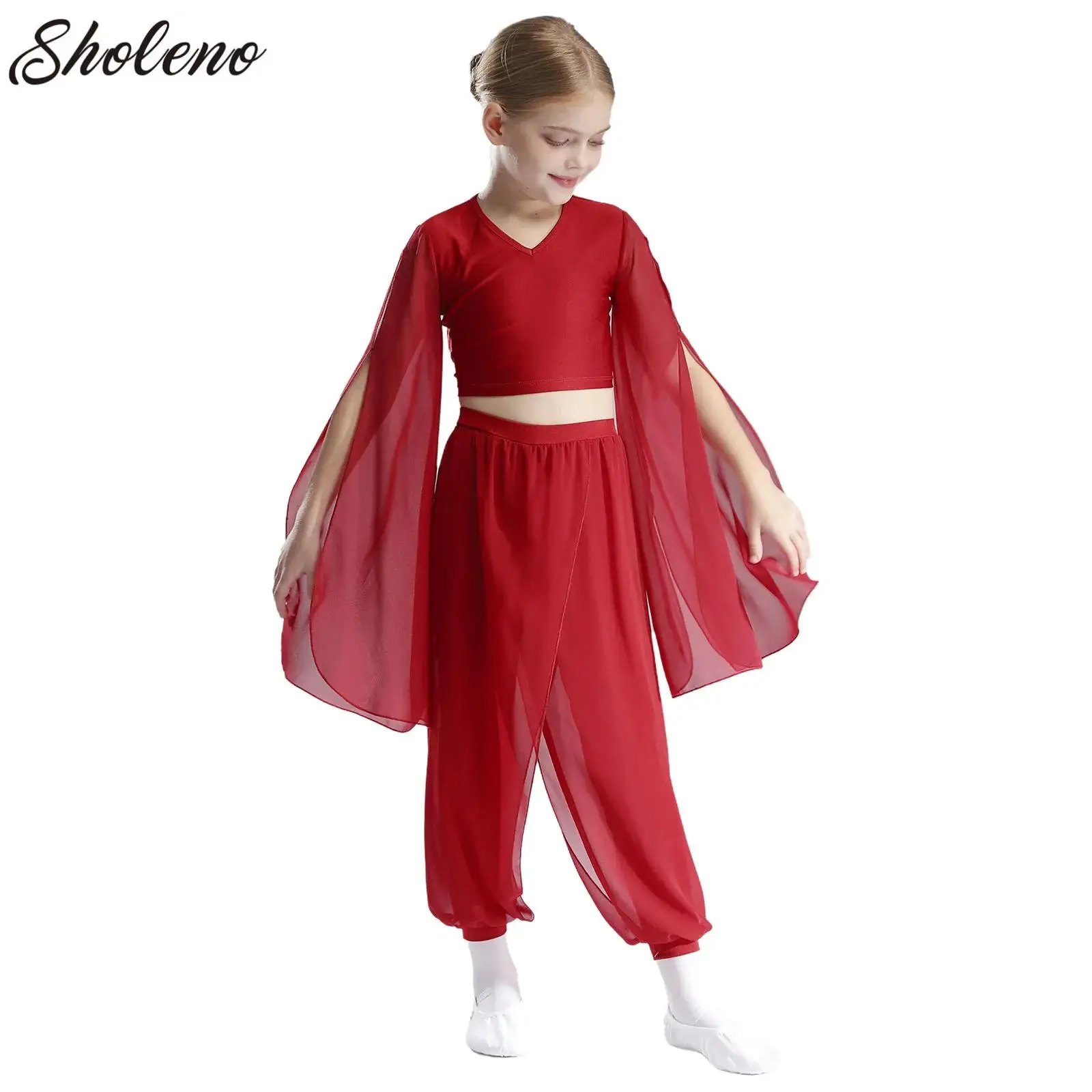 

Green White Modern Dance Wear for Girls Kids 2 Piece Set Split Flared Sleeves Crop Top Wide Leg Pants Performance Show Costume