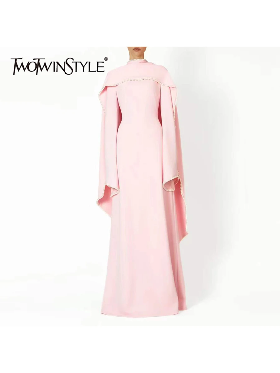 TWOTWINSTYLE Solid Slimming Spliced Bead Elegant Dresses Fo Women Round Neck Long Sleeves Patchwork Ribbon Fashion Dress Female