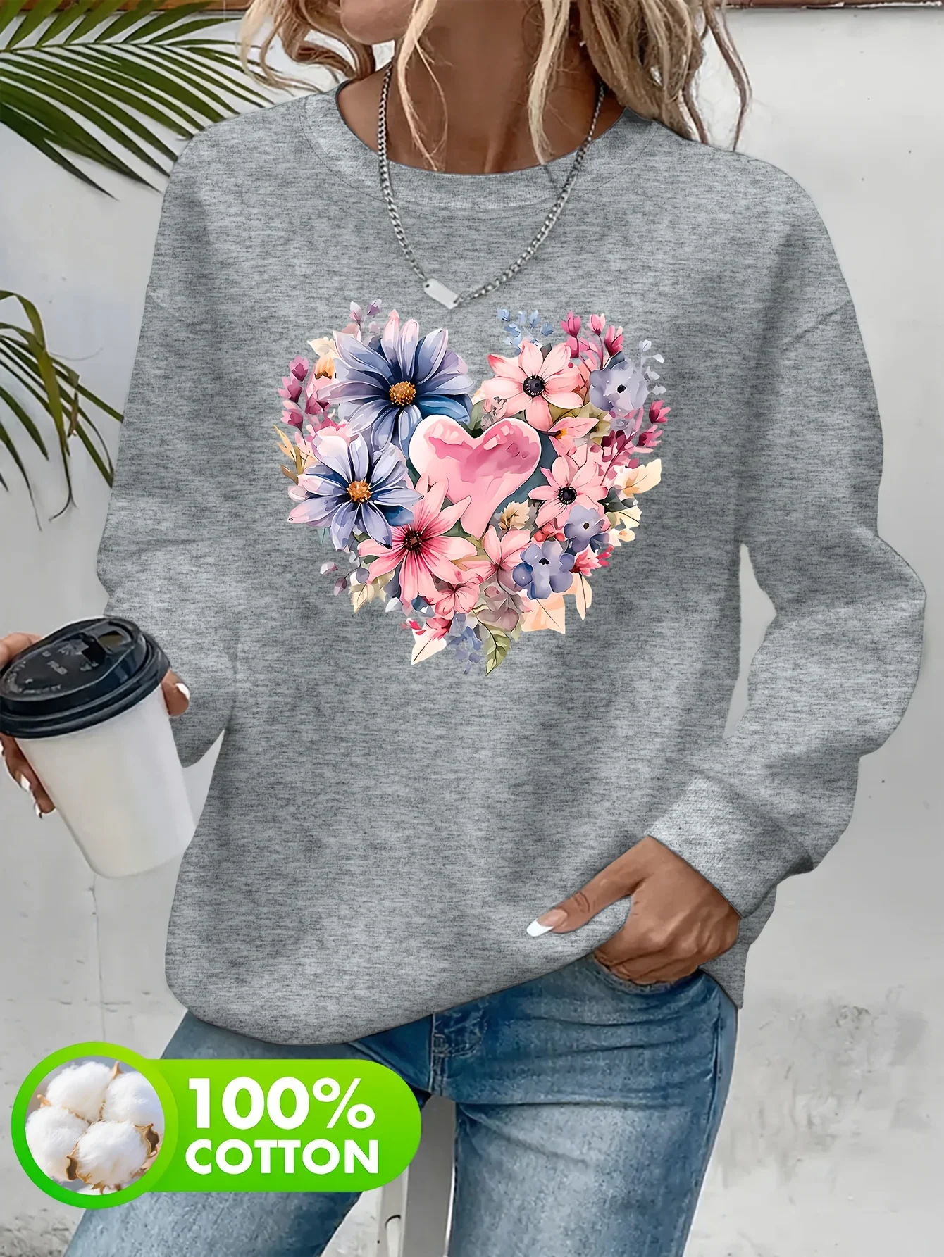 Maglione girocollo senza cappuccio al 100% con stampa floreale a forma di cuore ad acquerello, maglione casual a maniche lunghe stile retrò da donna