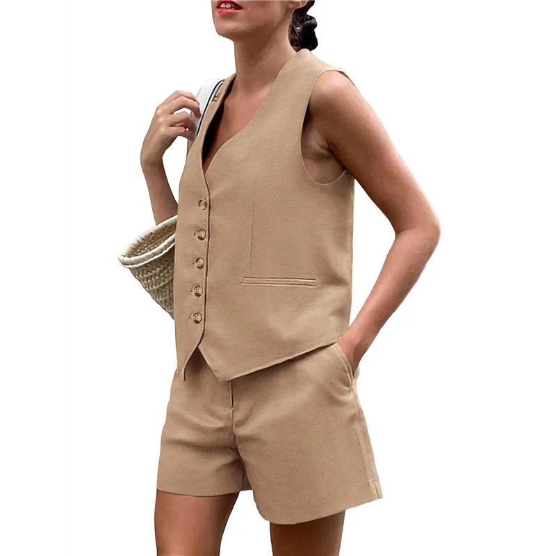 

ABRT-Women's Summer 2 Piece Outfits Sleeveless Matching Sets Button Down V Neck Vest Waistcoat And Pockets Shorts