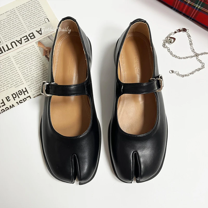 Tabis Flats Spilt Toe Shoes Black Loafer Size 40 Buckle Pumps Leather Women Mary Janes Shoes