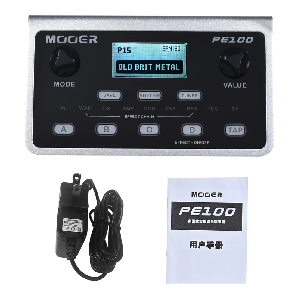 MOOER PE100 Processore multieffetto portatile Pedale effetti per chitarra 39 effetti 40 modelli di batteria 10 metronomi Tap Tempo