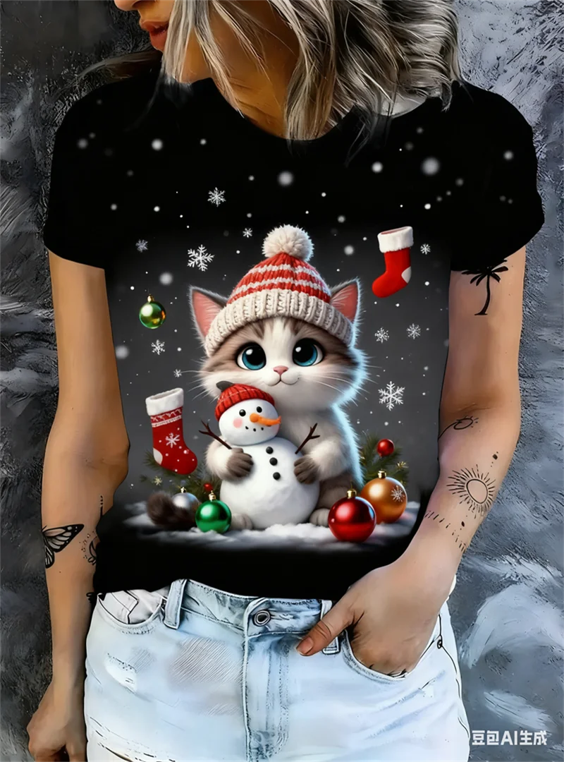 

Christmas Women's Animal Cat Rabbit 3D Print T-shirt Fashion Christmas Theme Casual Short Sleeve Holiday X'mas Woman y2k Clothes