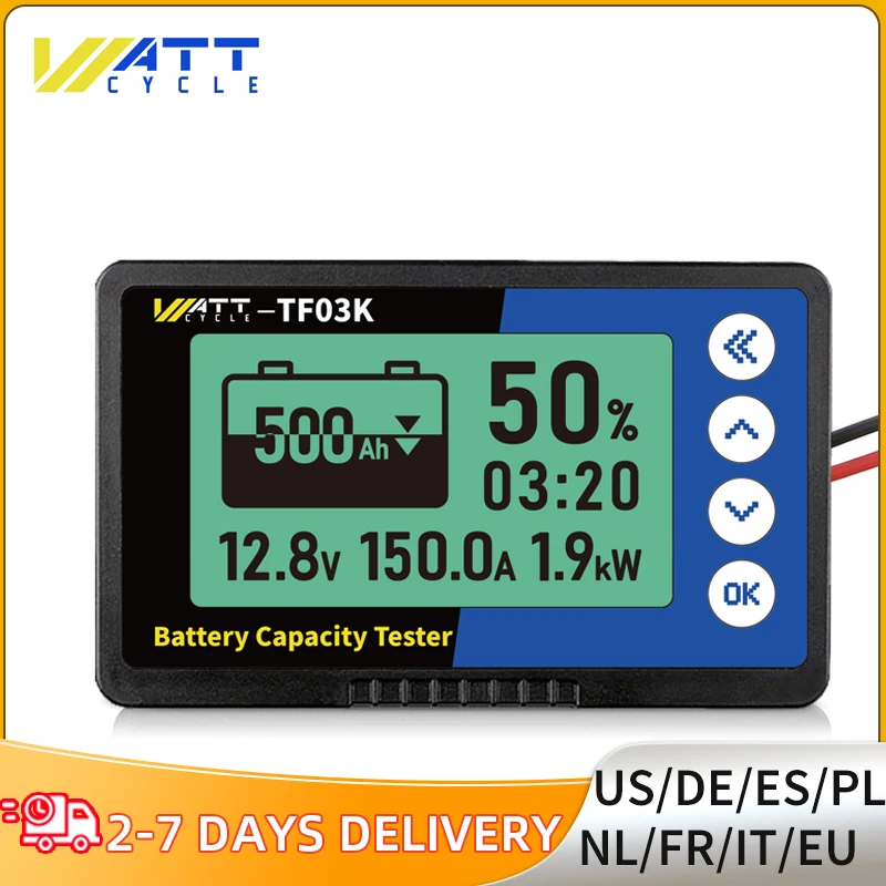 

WattCycle 500A LiFePO4 Battery Monitor Accurate Measurement LCD Display For Batteries of golf carts automobiles boats, etc